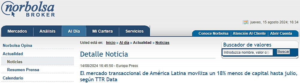 El mercado transaccional de Amrica Latina moviliza un 18% menos de capital hasta julio, segn TTR Data